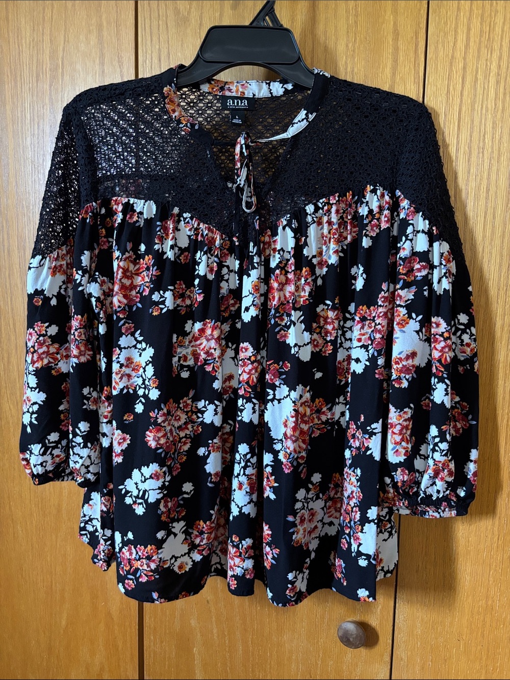 a.n.a Black Floral Crochet Yoke Tie-Neck Blouse